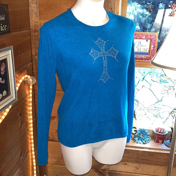 TAYLOR MARCS GORGEOUS TURQUOISE SWEATER CROSS SWAROVSKI SPARKLE DETAIL - Picture 5 of 8
